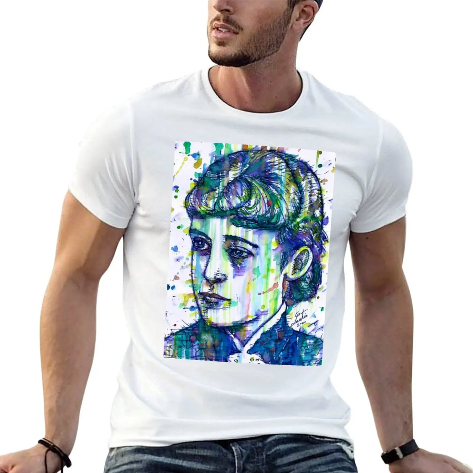EDITH WHARTON watercolor and ink portrait T-Shirt Work Daily Short Sleeve Top