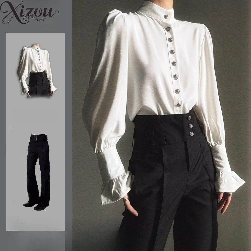 2-Pieces Set Stand Collar Long Sleeve Shirt High Waist Pant Retro Palace French Court Drapey Neutral Unisex High Men Women 2026