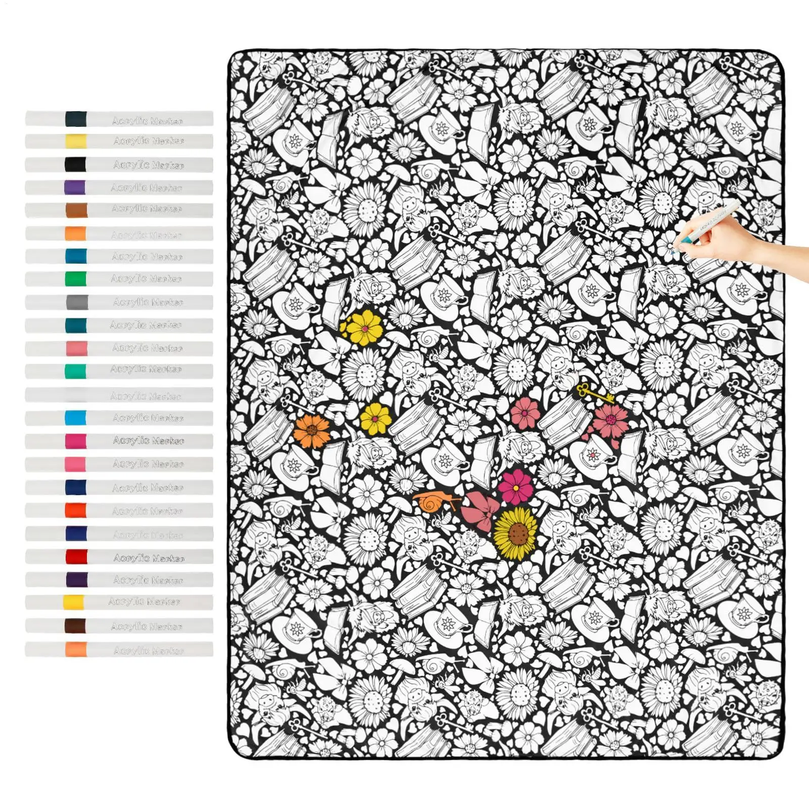 1pc DIY Coloring Blanket with 24 Colored Markers Creative Personalization pattern blanket Stress Relief Unique Paint art Decor