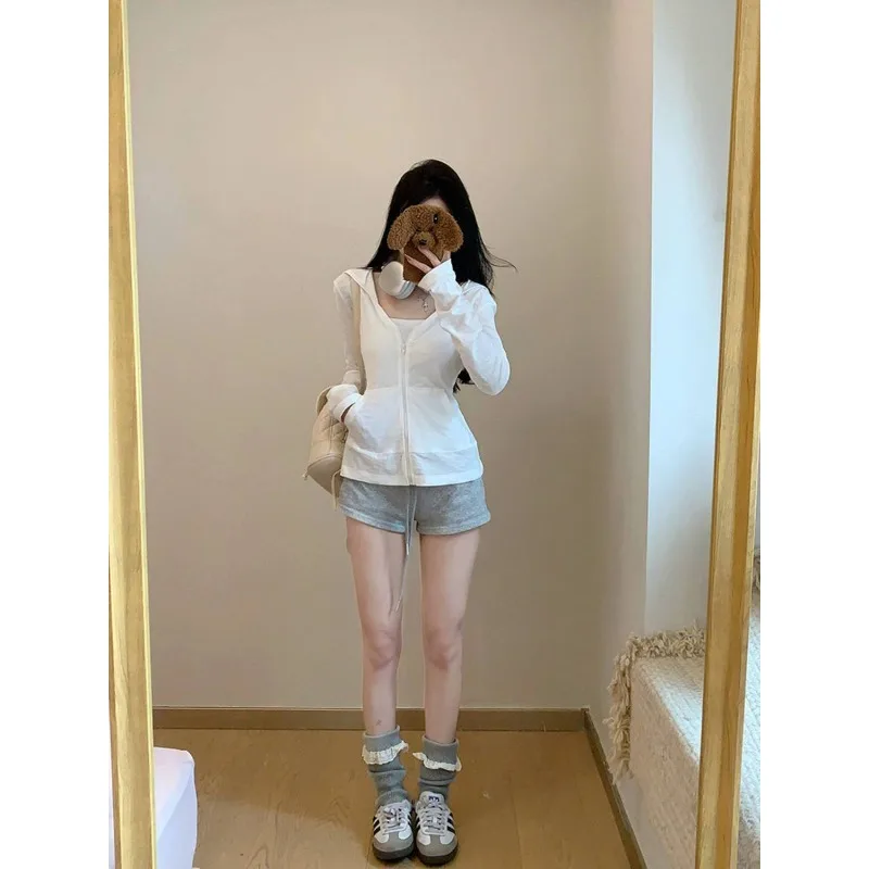 Miu White Hooded Zipper Sunscreen Thin Cardigan Women's Spring 2026 New Versatile Long-sleeved T-shirt Top Korea