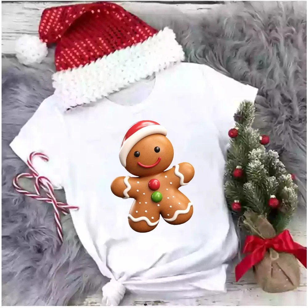 Gingerbread Man Christmas Theme Kawaii Summer Print Top Casual Teen Men and Women Can Fashion Comfortable Short-sleeved T-shirt