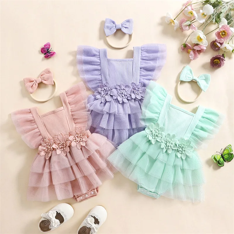 

Летняя одежда из 2 предметов для новорожденных девочек 0-24 месяцев, комбинезон без рукавов с рюшами и завязками на спине, комплект с повязкой на голову