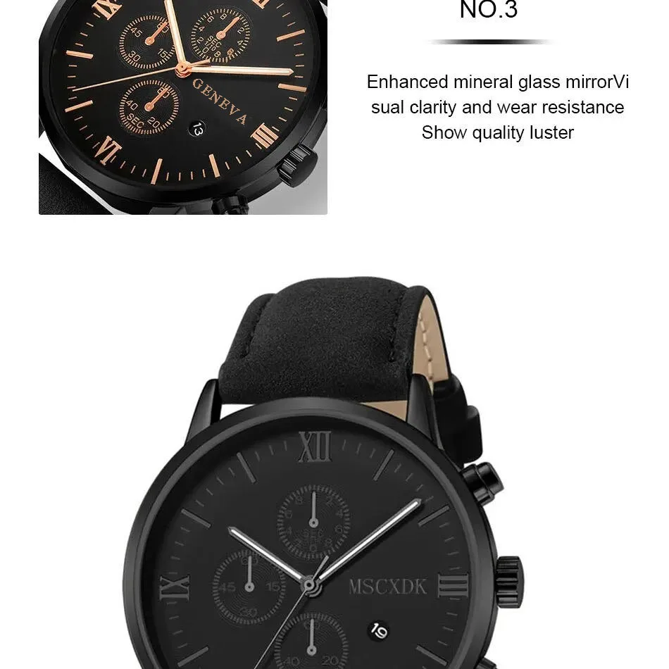 Light Luxury Fashion Geneva Men Date Alloy Case Synthetic Leather Analog Quartz Sport Watch for Outdoors Business Sports Running