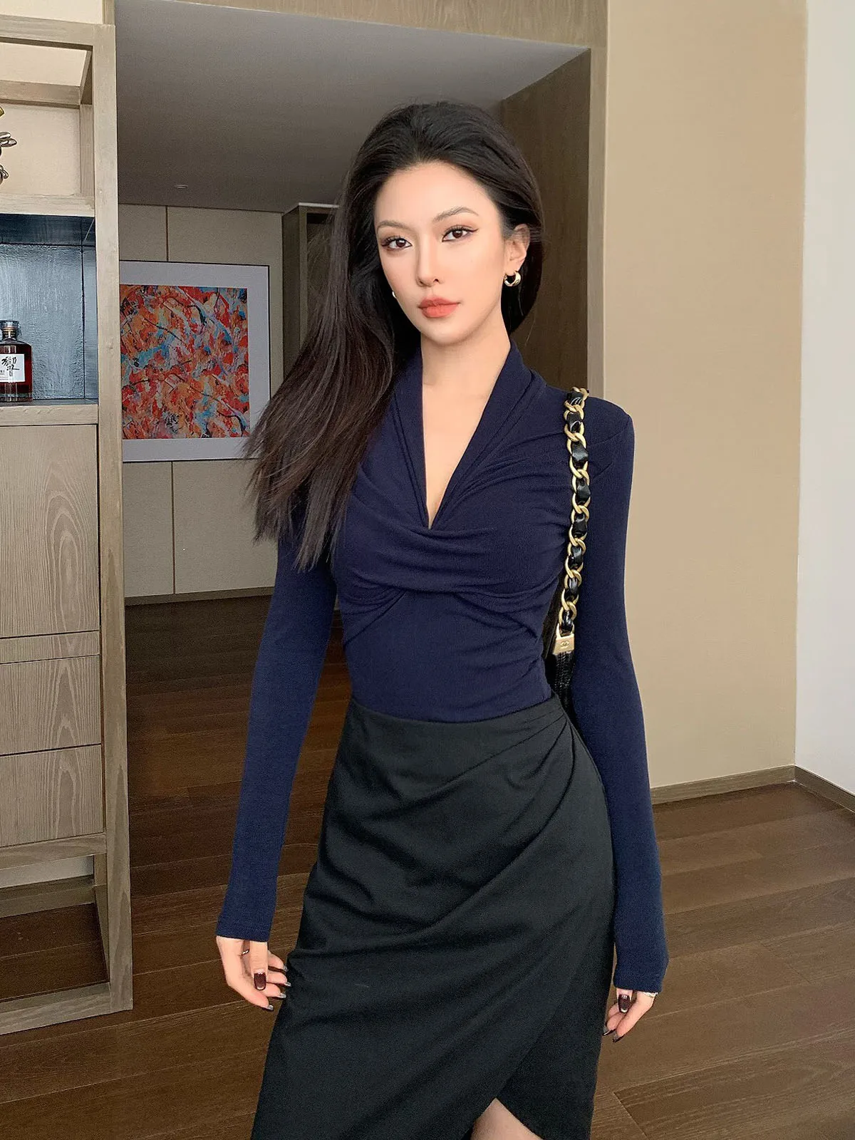 

Ele V-Ne Long Sve Top Versatile Lightweight Casual Base Layer Outerwear Single Wear Slimming Women's Knitted Sweater