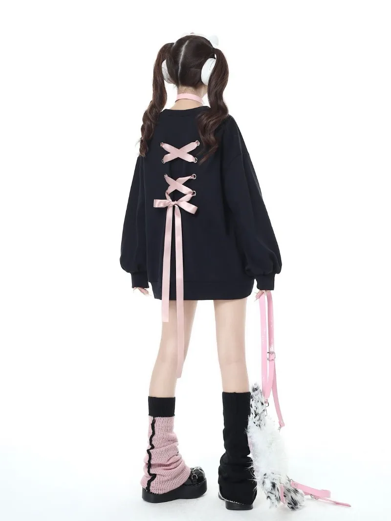 Women's Sweet Long Sleeve Top Back Bow Bangage Oversized Sweatshirt Japanese 2000S Y2k Shirt Black Pink White Tshirt Female