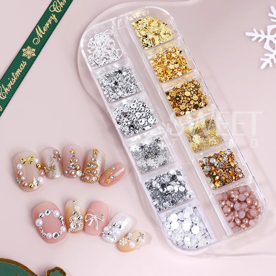 12 Grids Christmas Nail Art Decor Gold Silver Snowflake Star Pearl Bow Rhinestones Nail Charms Jewelry DIY Manicure Accessories