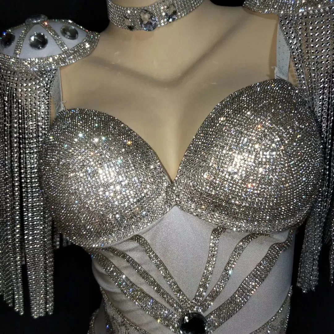 Costumi da donna con paillettes argento brillanti strass cristallo bianco sexy tute lunghe con nappe costumi di pole dance