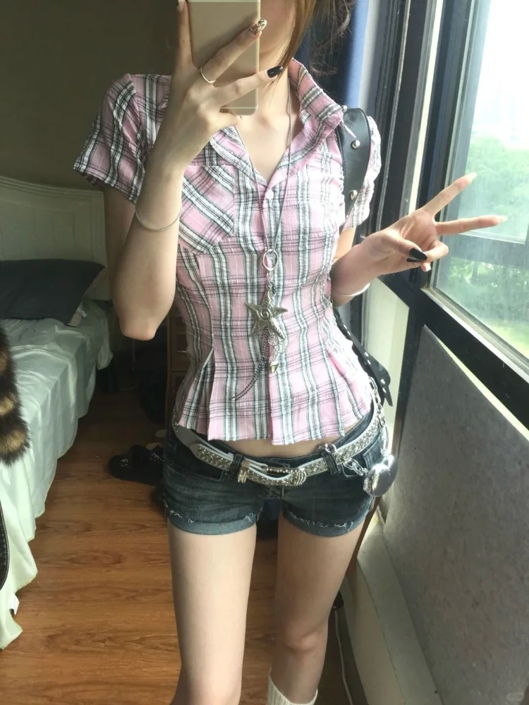 Aesthetic Casual Vintage Slim Plaid Shirt Women Summer Vintage Pink New Short Sleeve Skinny T-Shirts High Street Lapel Outfits