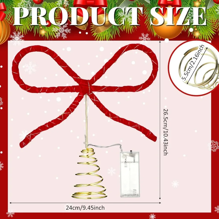 Soulchen Kerstboog Boomtopper Decoratie 9,4 x 10,4 inch Fluwelen Kersttopper Decor met LED-verlichting Kerstvakantie Strik