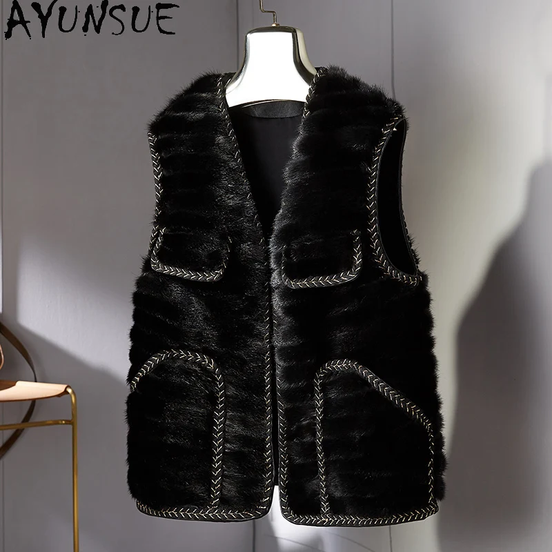 AYUNSUE Gilet de fourrure pour femme 2025 nouveauté vêtements noirs automne hiver manteau femme mode coréenne vêtements pour femme Veste Hiver