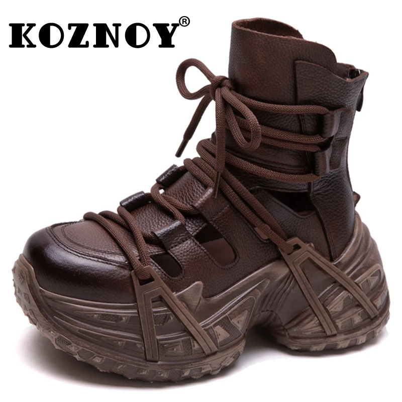 

Koznoy 8cm 2025 Ethnic Cow Genuine Leather Ankle Booties Sandals Breathable Hollow Zip Summer Fashion Women Platform Wedge Shoes