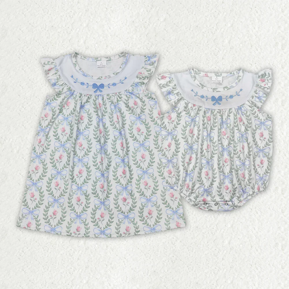 SR2543 Wholesale baby rompers girls dress Embroidered bow pattern flower flying sleeve Romper Summer Boutique kids clothes girl