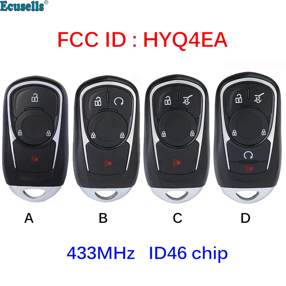 

Ecusells 3/4/5 Buttons Smart Remote Key Fob 433Mhz ID46 Chip for Buick Envision Enclave Regal Sportback TourX FCC ID : HYQ4EA