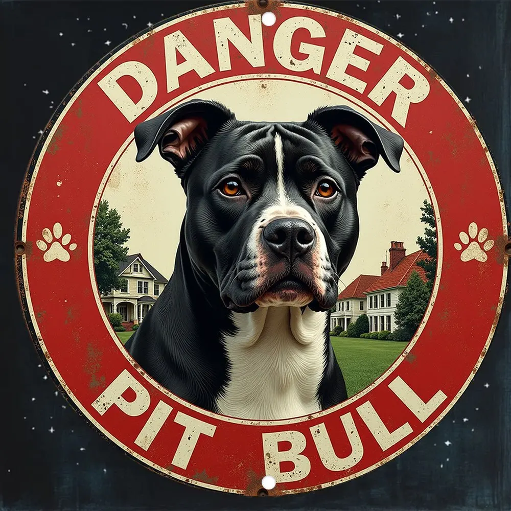 1pc 2D Flat Metal Sign Featuring a Vintage Round Design That Reads 'Danger! Protected by Pitbull'. This Rustic Red And Black Dog