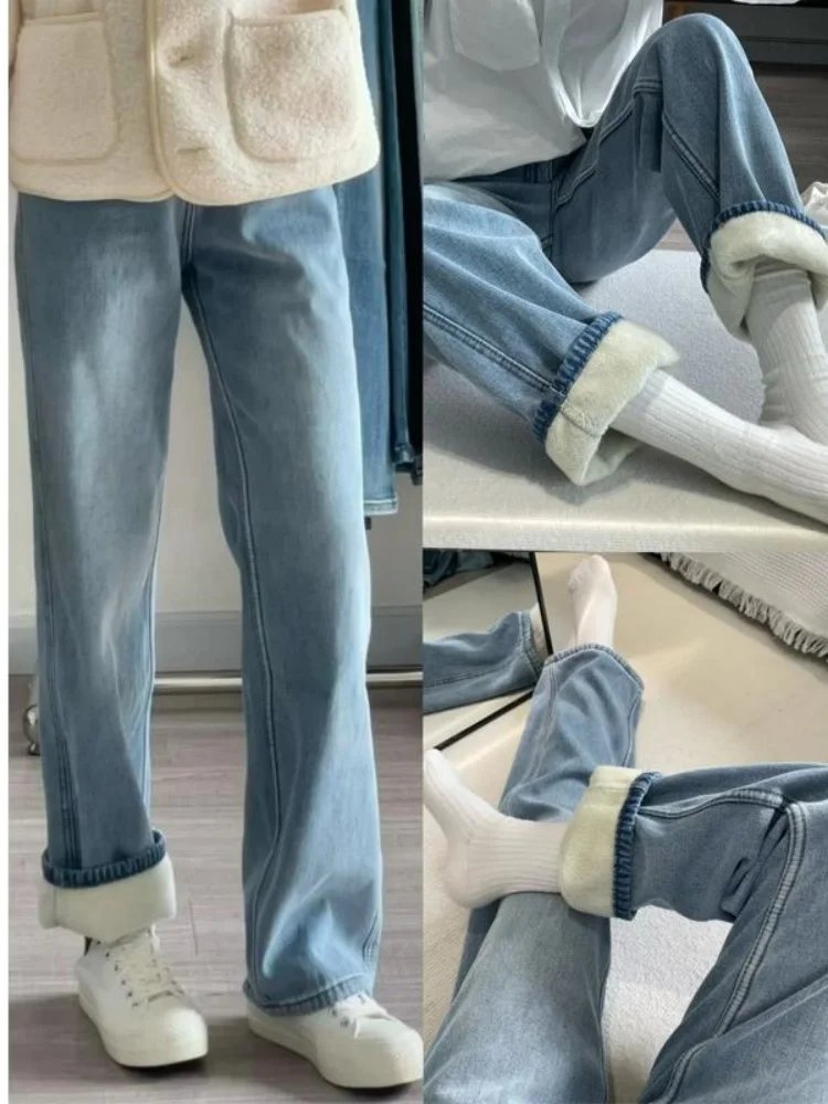 

Женские джинсы с флисовой подкладкой, прямые, с высокой талией, широкие штанины, осенне-зимние, больших размеров, утягивающие, джинсовые брюки