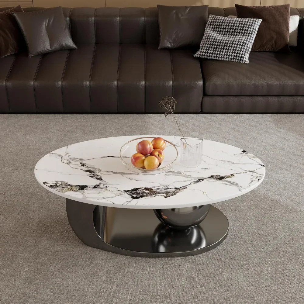 Modern Oval Coffee Table for Living Room, 51.2" Sintered Stone Coffee Tabletop with Black Stainless Steel Base