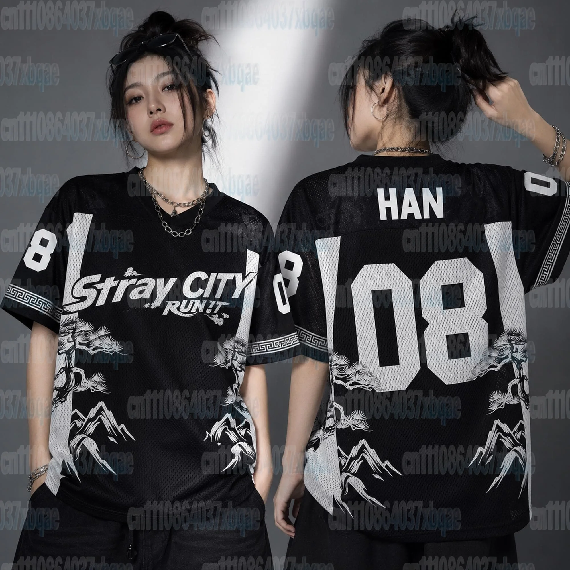 Stray City Felix 01 V-Ausschnitt Sporttrikot Kurzarm Unisex Oversized Kpop Fan Streetwear Konzert Casual Top FamilyMatching – Detail 9