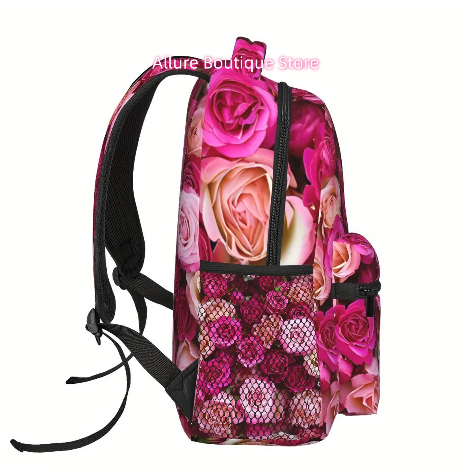 1pc Rose Theme Semi-Full Printed Large Capacity Backpack, Lightweight Durable Polyester Fiber Leisure Backpack, Laptop Bag, Zipp