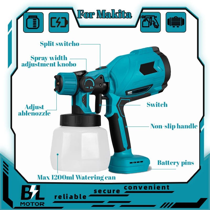 1200ML Cordless Electric Paint Sprayer Portable Household Sprayer with Flow Control Compatible with Makita Batteries