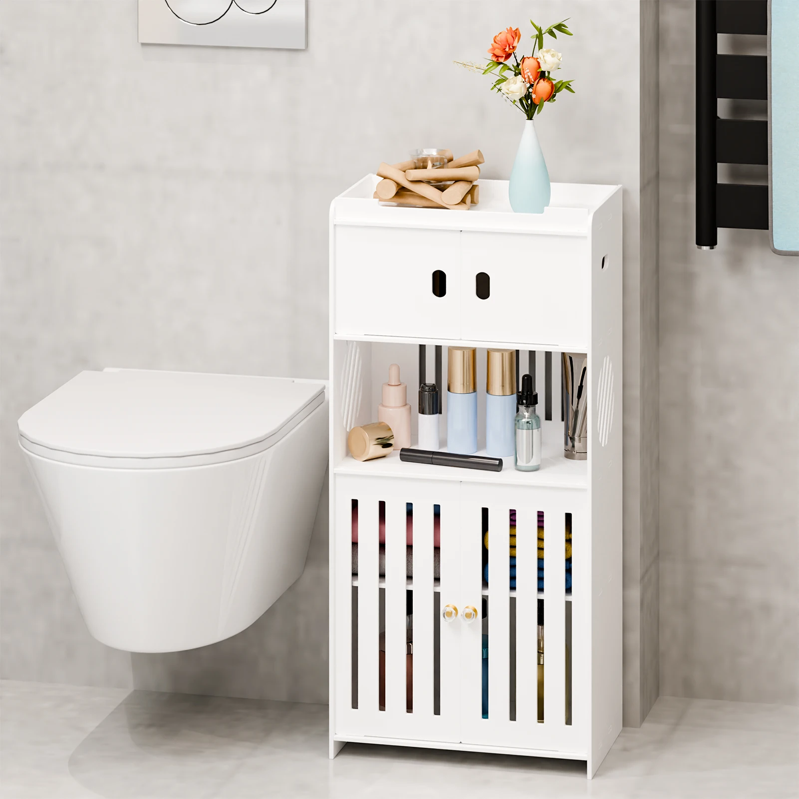 Bathroom Storage Cabinet, Freestanding Bathroom Cabinet with Open Shelf, Kitchen Pantry Cabinet with Doors and Paper Dispenser,