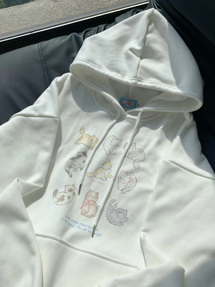 ADAgirl Kawaii Cat Print Hooded Sweatshirt Women Cutecore White Long Sleeve Hoodies Oversize Tops Preppy Style Soft Girl Clothes