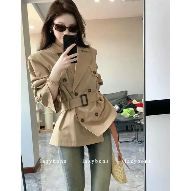 Premium trench coat women's new temperament double-row British short waist coat top women