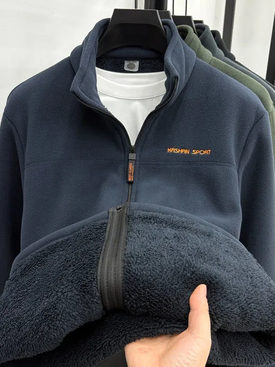 Men's Fleece-lined Open-fronted Sweater Thickened Warm Casual Outerwear Standard Fit Long Sleeve Zipper Closure  Color