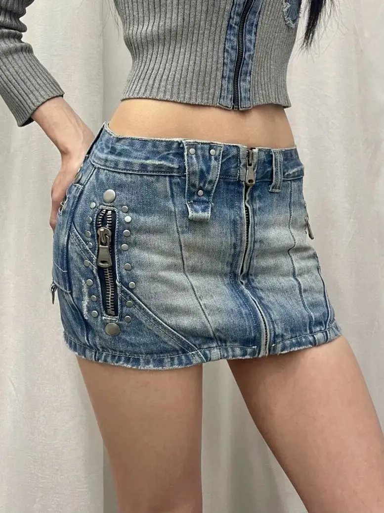 2024 Denim skirt American Y2K retro heavy industry rivet denim skirt female hot girl slimming slim a-line hip skirt trend