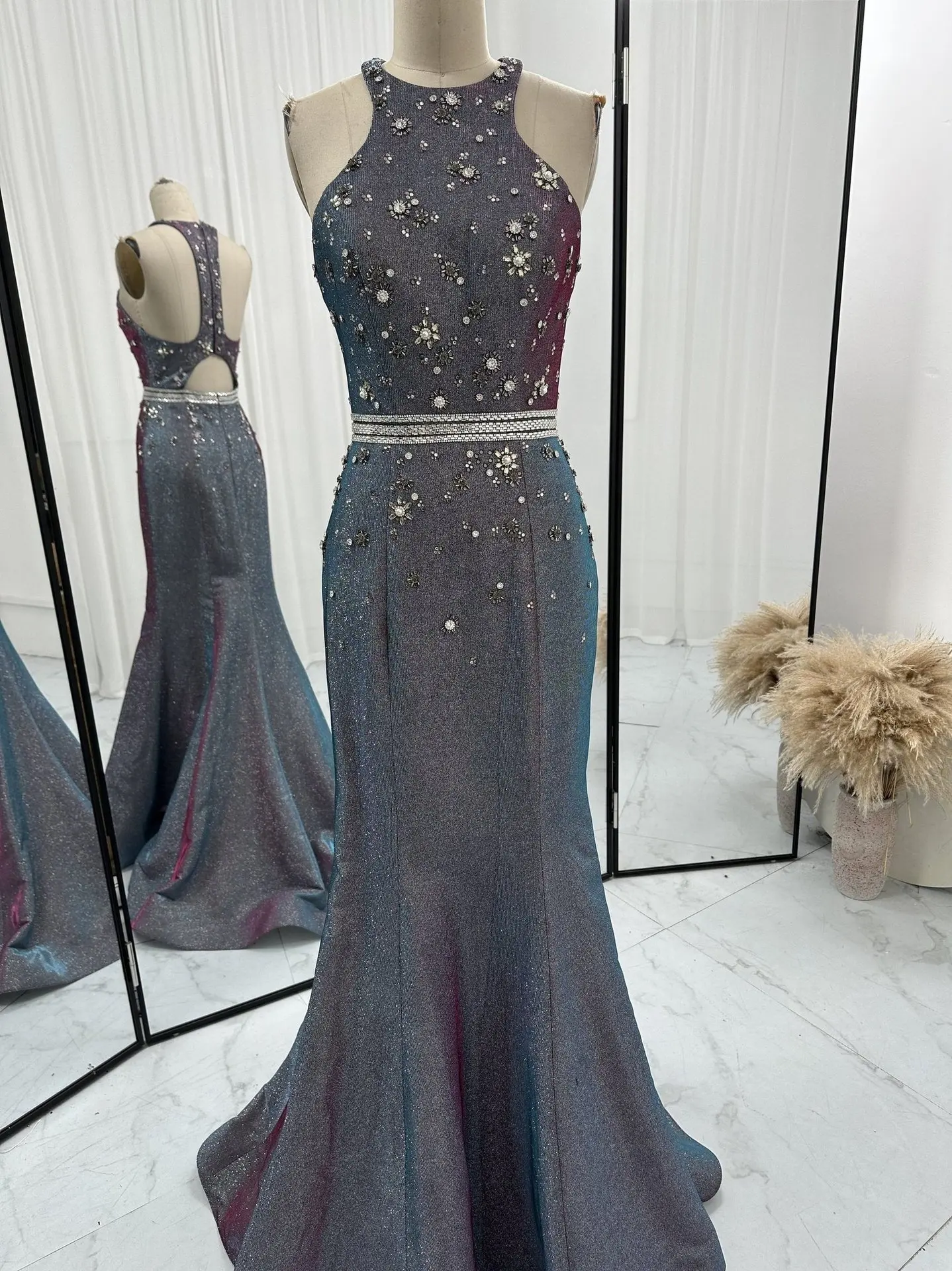 Dark Purple High -End Sexy Sleeveless Off -The -Shoulder Diamond Jewelry WaistSlim Mermaid Evening Dress M1491