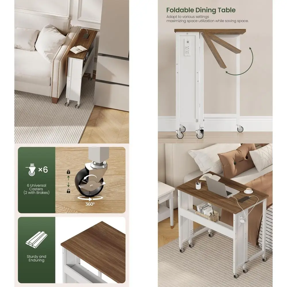 

Складной стол в деревенском стиле, коричнево-белый, 31,5 дюйма, с розетками, колесами, местом для хранения, идеально подходит для небольших помещений