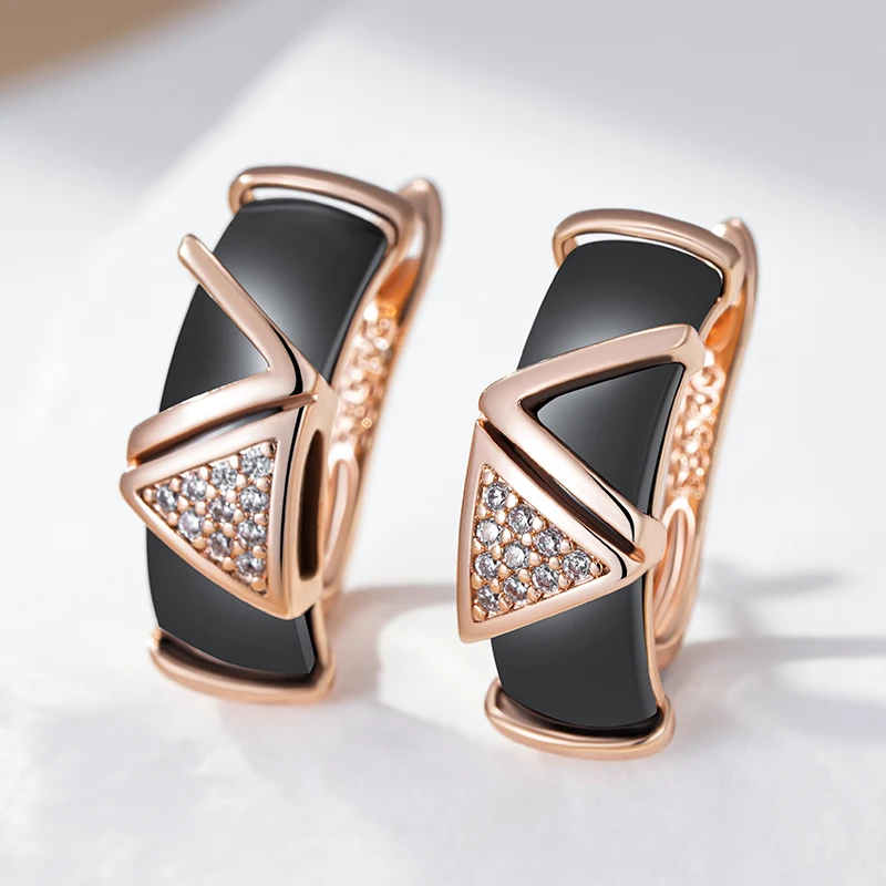 Kinel Hot Black Ceramics Drop Earrings For Women 585 Rose Gold Color Natural Zircon Accessories High Quality Daily Fine Jewelry