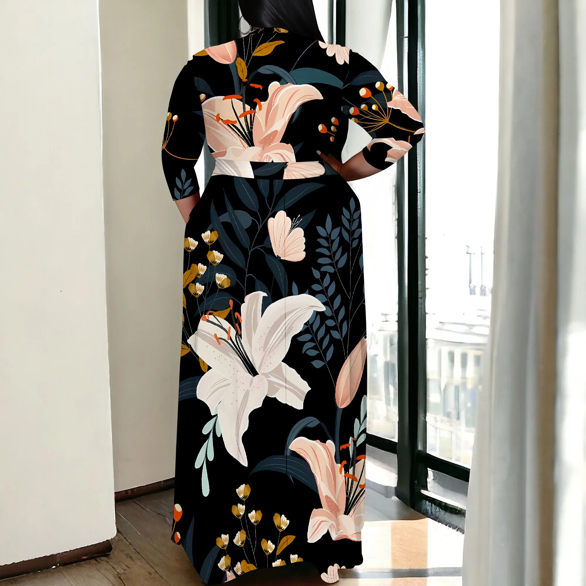 Plus Size Elegant Floral Off Shoulder Maxi Dress Black Purple Floral Print