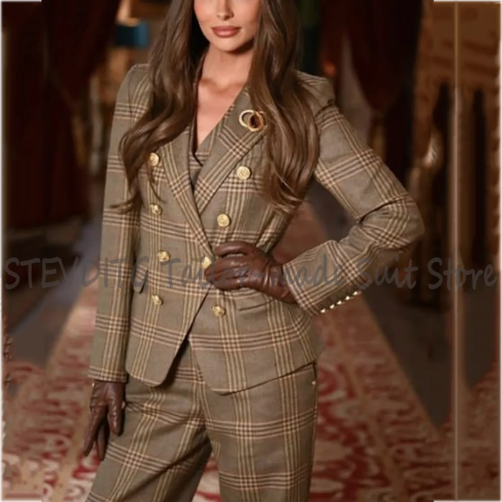 Luxury Plaid Women Suit Chic Design Peak Lapel Double Breasted Formal Occasion Business Casual Modern Lady Outfit Daily Wear