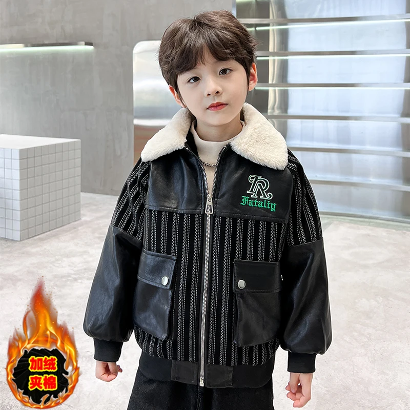 سترة خريف وشتاء وسيم للأطفال مع معطف جلد دافئ سميك عالي الجودة؛ 4-15 سنة #4