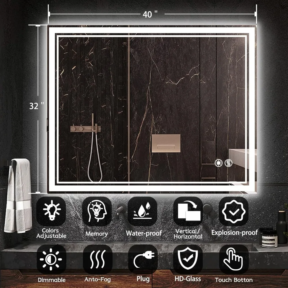 LED Bathroom 32 x 40'' Anti-Fog Dimmable 3 Colors Front and Backlit Lights LED Mirror Bathroom Lighted Mirror Vanity Mirror