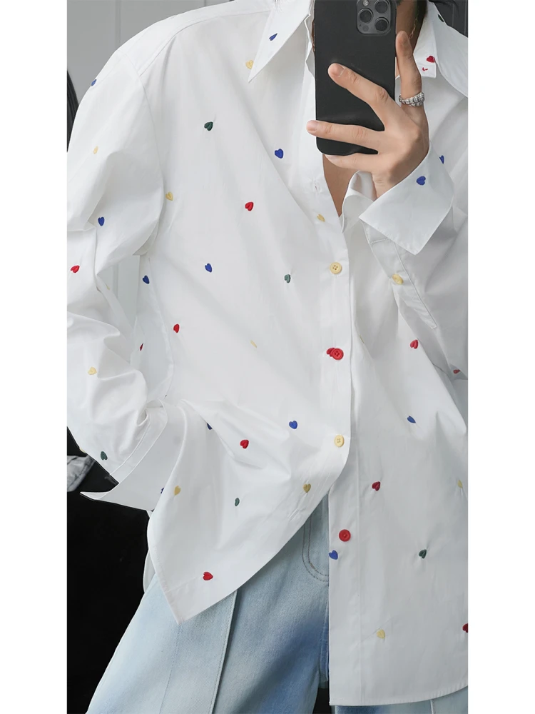Men's 2025 Spring Summer New Embroidered Love Heart Tops Male Chic Long-sleeve Shirts Men's Loose Fashion Versatile Trendy Shirt