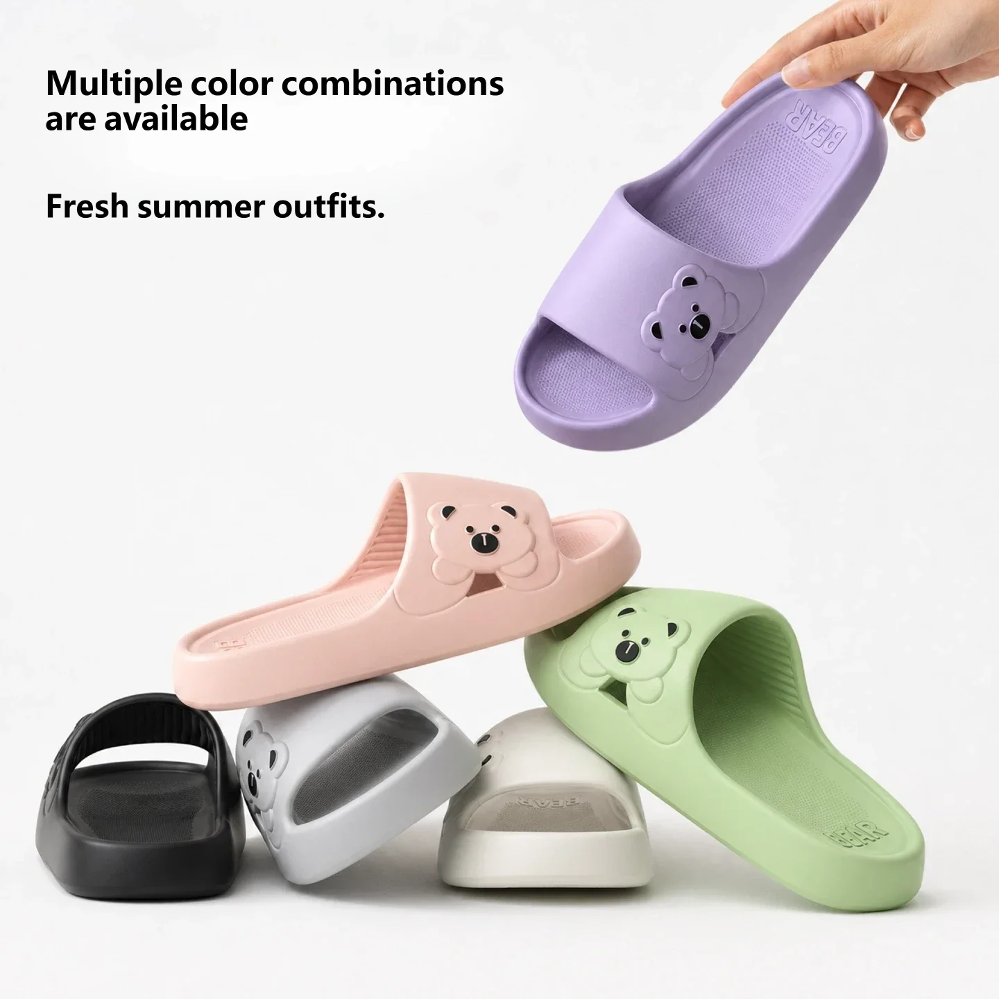 Women Cute Cartoon Bear EVA Slides 3cm Thick Sole Anti-slip Summer Home Bathroom Slippers Soft Rebound Indoor Outdoor Sandals