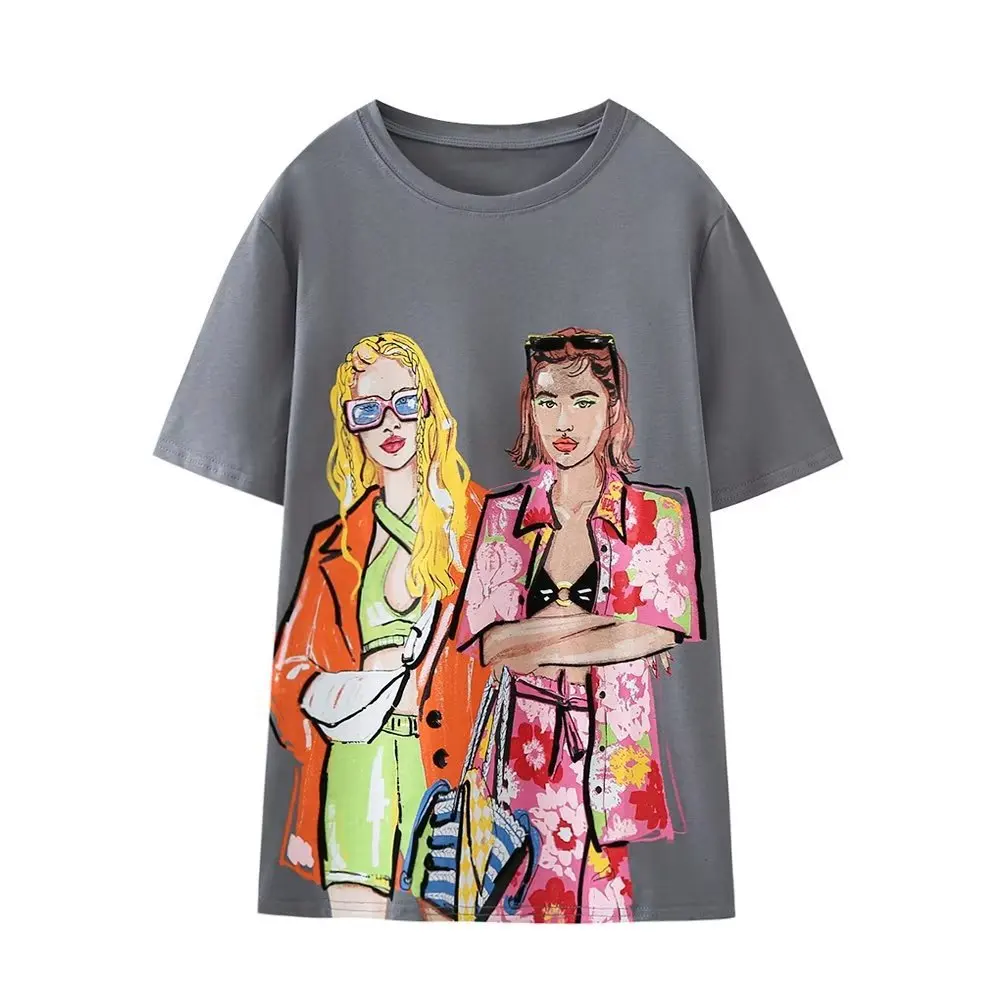 2024 New Women's Hand-Painted Girl Print T Shirt Summer Sweet O-Neck Short Sleeve Loose Cotton Pullover Tees Top