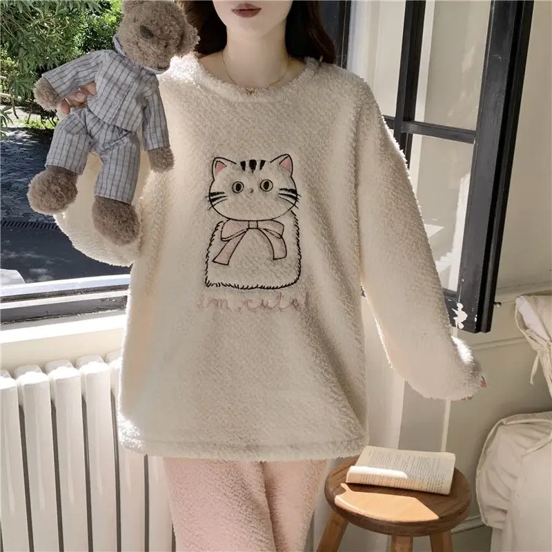 

Зимние толстые теплые фланелевые пижамные комплекты с длинными рукавами для женщин, корейская милая бархатная одежда для сна с героями мультфильмов, Pijama Mujer, одежда