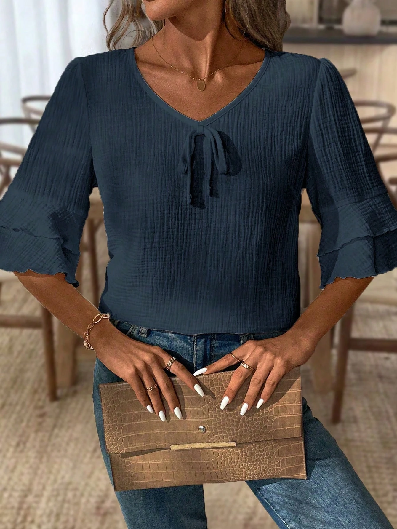 1 100% Baumwolle Lässiges Damen-T-Shirt, Das Design Mit Mehrschichtigen Ärmeln Ist Modisch und Elegant – Detail 10