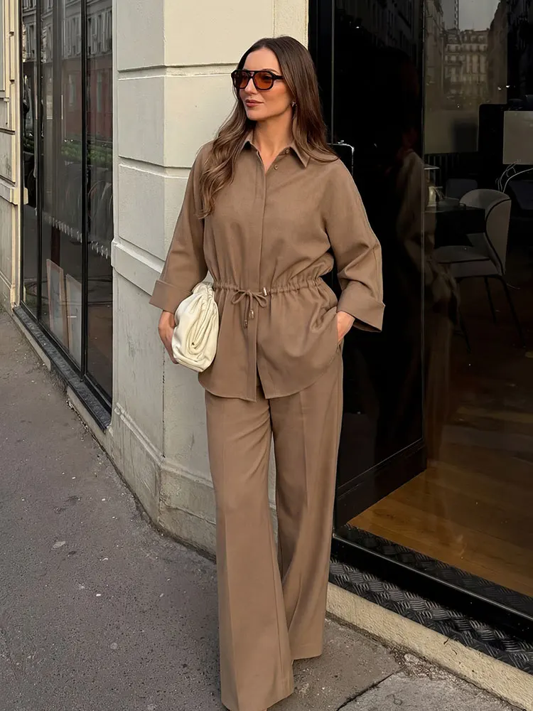 Damen Freizeit-Zweiteiler mit Rollärmeln, Kordelzug-Shirt und elastischer Taille, weit geschnittene Hose für Büro und Streetwear