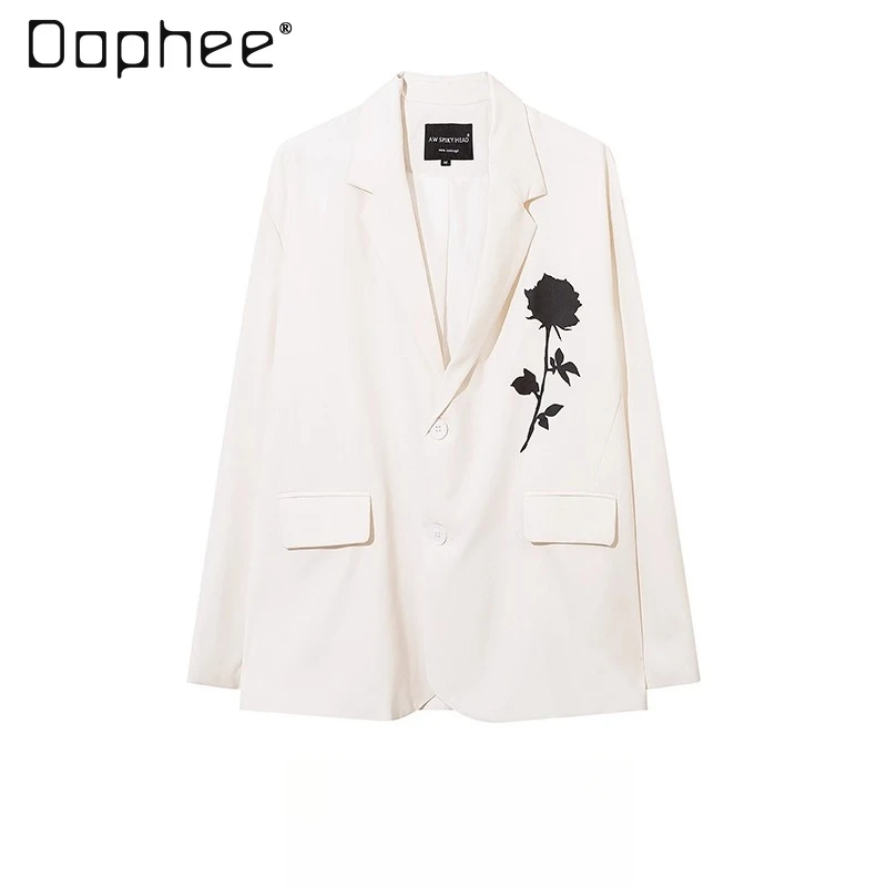 

Весна и осень 2024, новый высококачественный дизайн, повседневный свободный белый однобортный пиджак с принтом роз и отложным воротником