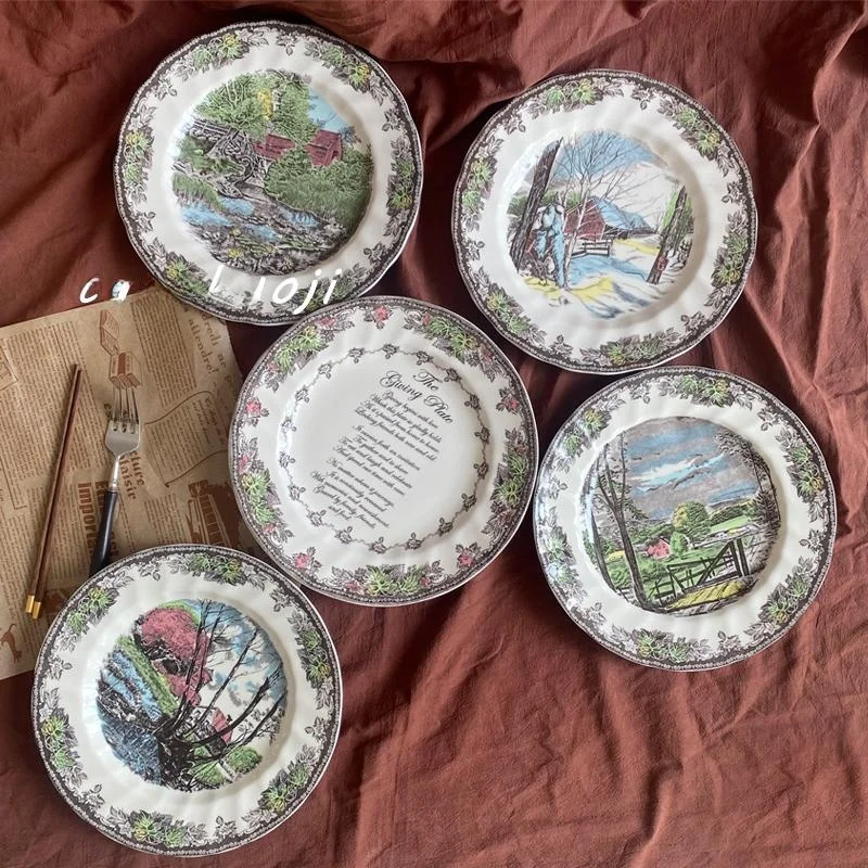 

Rustic European Sle 0 Inch Cerc Plate Dinnerware Set Seasonal Lacape Memorial Home Decor Steak Plate Handmade