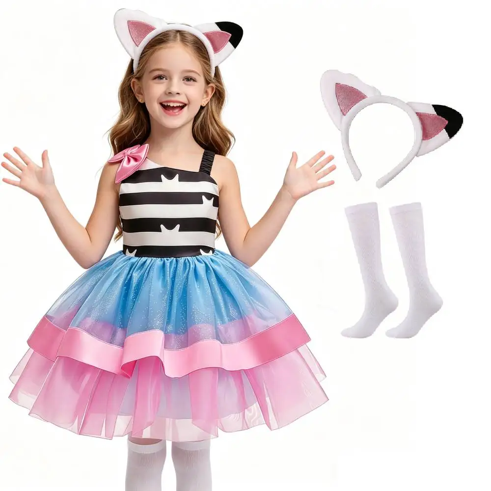 Girl Striped Cat Dress and Accessory For 3-8years old Little Girl Birthday Party Dress Kids Halloween Carnival performance gown