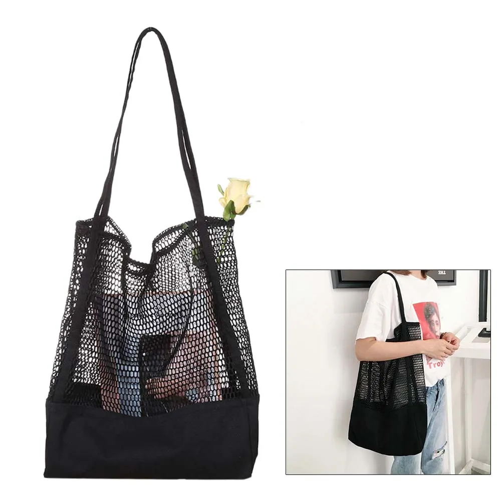 حقيبة تسوق شبكية سوداء قابلة لإعادة الاستخدام وقابلة للغسل من النايلون بسعة كبيرة وقابلة للتوسيع على الشاطئ وحقيبة يد شبكية