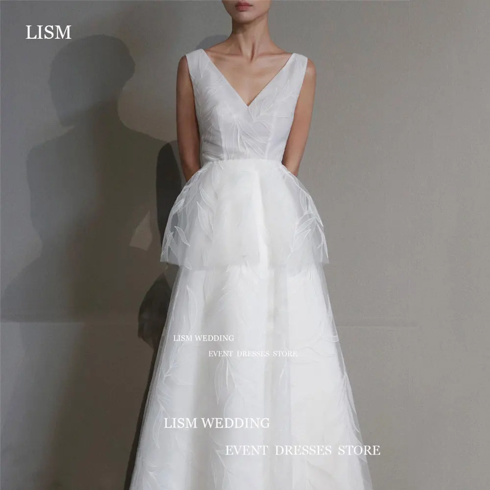 

LISM Elegent Lace Layered Korea Wedding Photo shoot Dress V-Neck A-Line Bridal Gown Sleeveless Floor-Length Custom Made