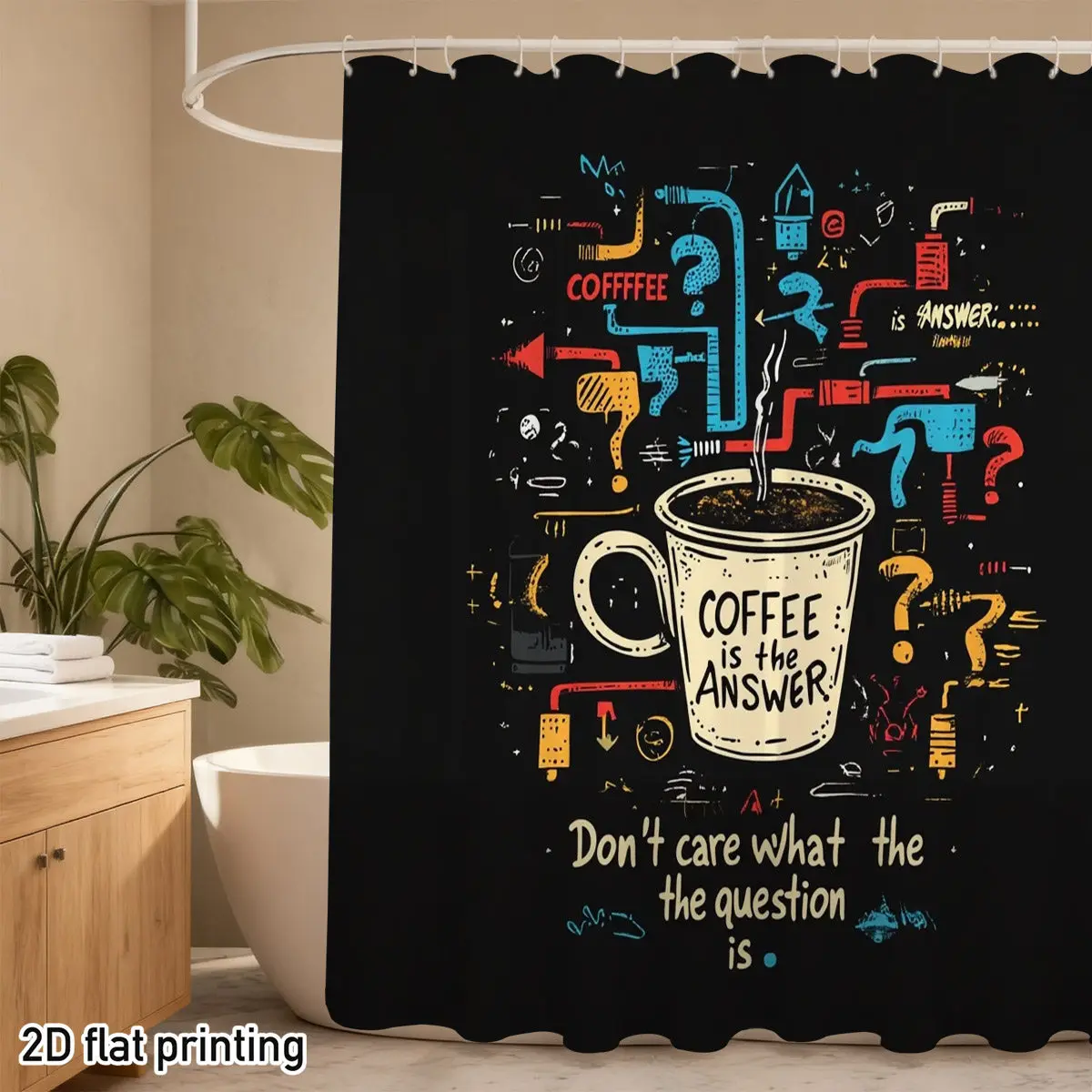 コーヒーカップシャワーカーテン-–-「coffee-is-the-answer」落書きアート、黒背景、ポリエステル、71-x71-、フック12個、防水