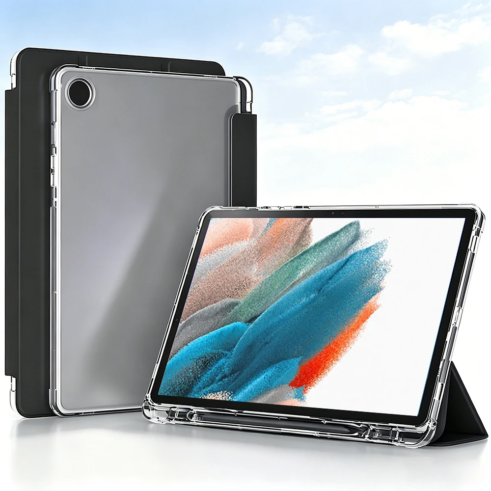 Case for Samsung Galaxy Tab A8 10.5 Inch 2022 Model (SM-X200/X205/X207)，Flip Smart Cover Transparent Back Shell, Auto Wake/Sleep
