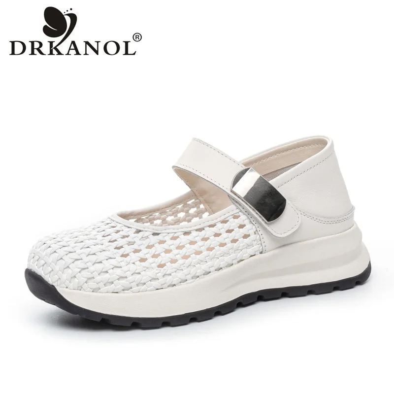 DRKANOL 2026 Summer Casual Shoes Women Genuine Leather Woven Hollow Out Breathable Chunky Platform Thick Sole Shoes White H9873