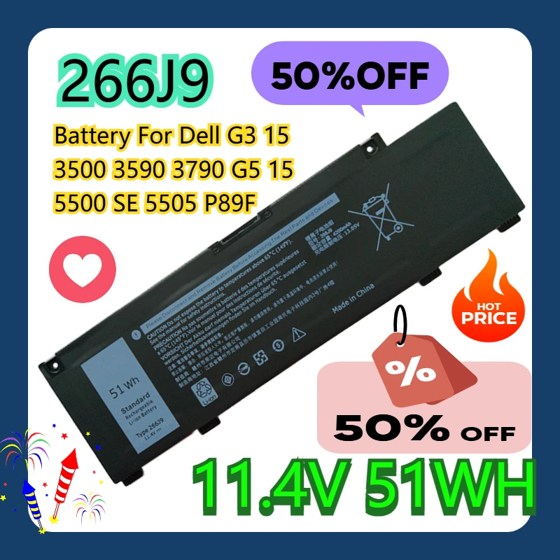 

266J9 11.4V 51WH Battery For Dell G3 15 3500 3590 3790 G5 15 5500 SE 5505 P89F
